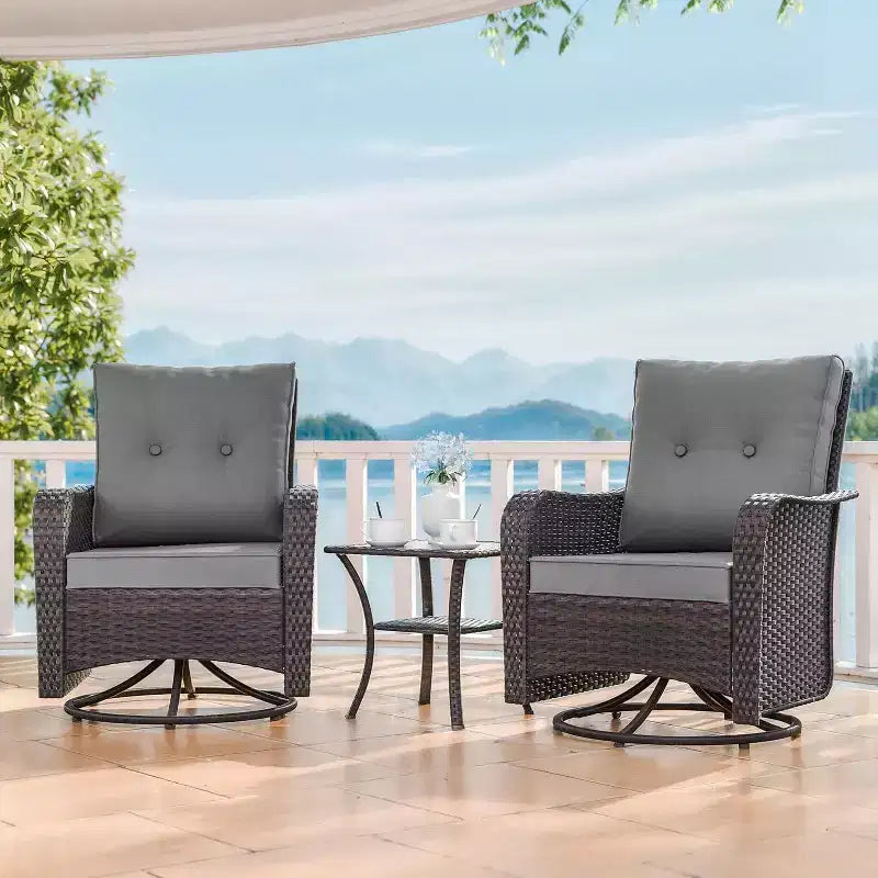 Fauteuils pivotants à bascule en résine tressée de patio ALAULM, 3 pièces, avec 1 table basse en rotin