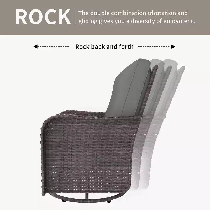 Fauteuils pivotants à bascule en résine tressée de patio ALAULM, 3 pièces, avec 1 table basse en rotin