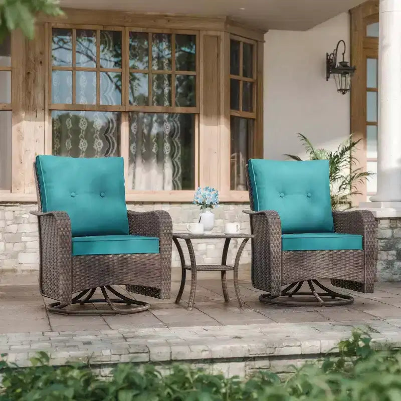 Fauteuils pivotants à bascule en résine tressée de patio ALAULM, 3 pièces, avec 1 table basse en rotin