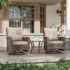 Fauteuils pivotants à bascule en résine tressée de patio ALAULM, 3 pièces, avec 1 table basse en rotin