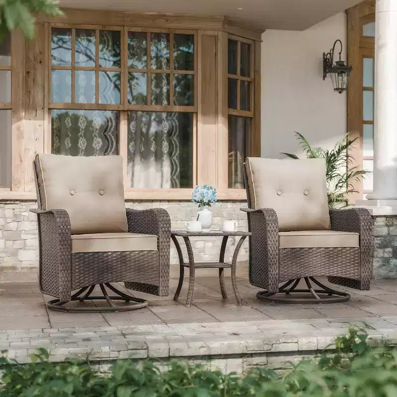 Fauteuils pivotants à bascule en résine tressée de patio ALAULM, 3 pièces, avec 1 table basse en rotin