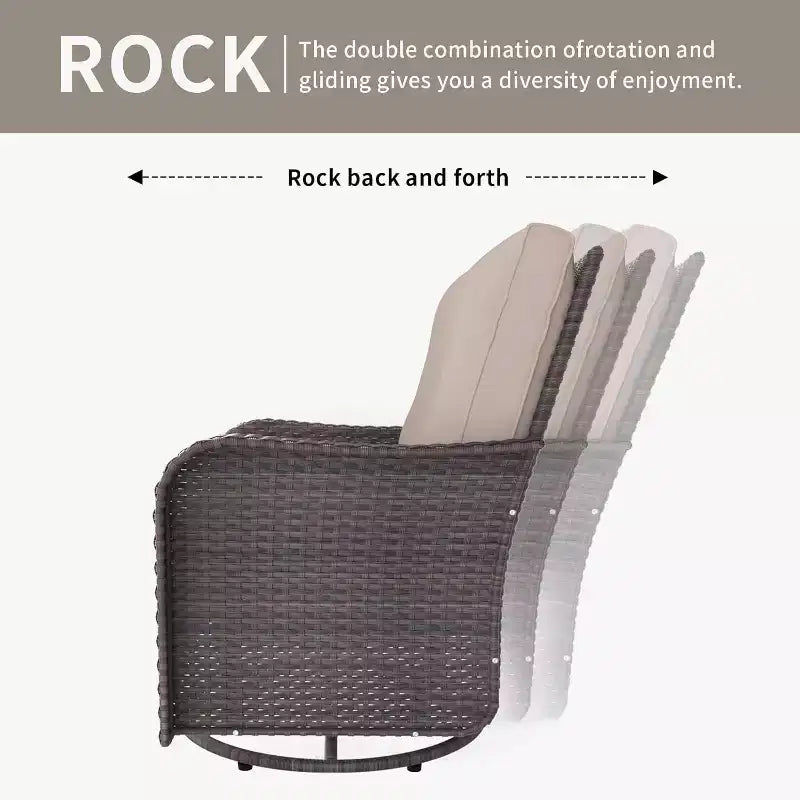 Fauteuils pivotants à bascule en résine tressée de patio ALAULM, 3 pièces, avec 1 table basse en rotin