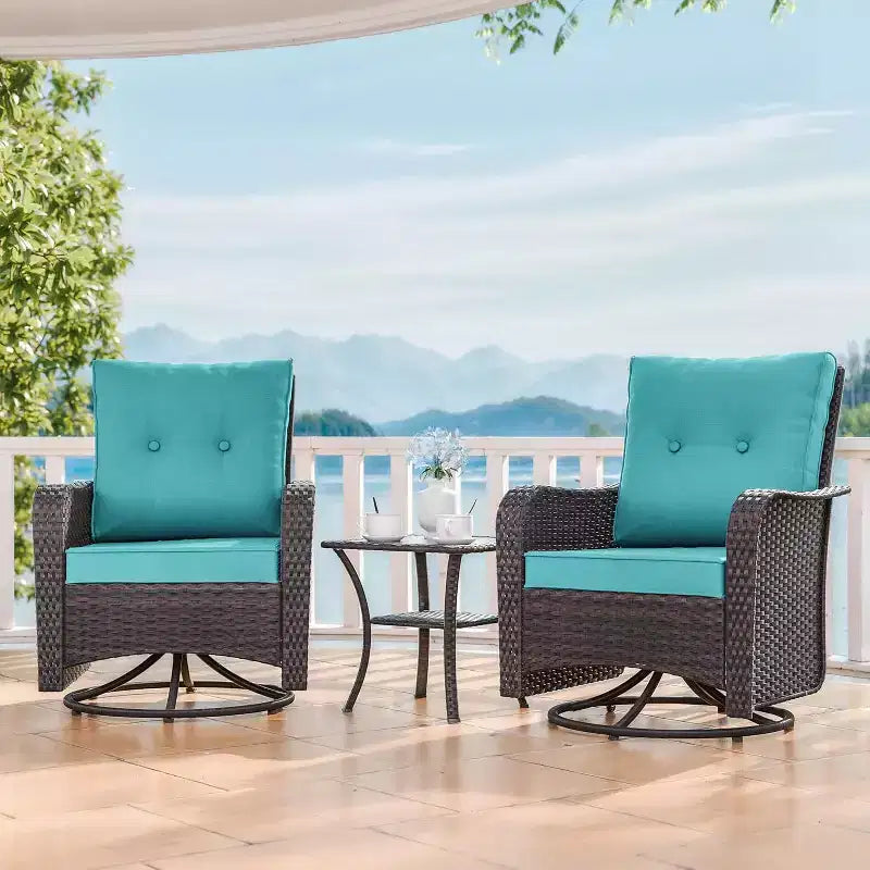 Fauteuils pivotants à bascule en résine tressée de patio ALAULM, 3 pièces, avec 1 table basse en rotin