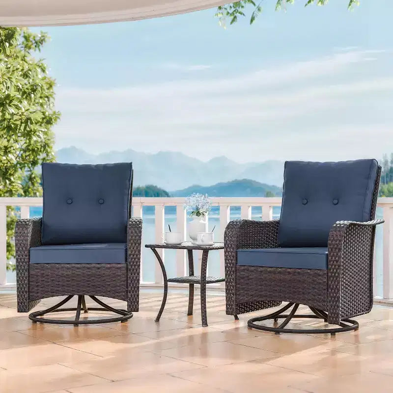 Fauteuils pivotants à bascule en résine tressée de patio ALAULM, 3 pièces, avec 1 table basse en rotin