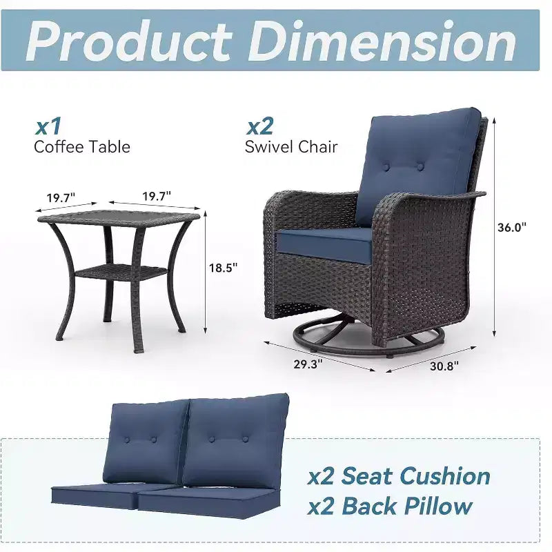 Fauteuils pivotants à bascule en résine tressée de patio ALAULM, 3 pièces, avec 1 table basse en rotin