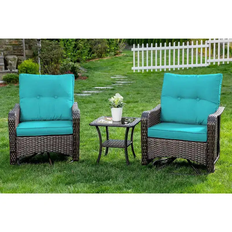 Fauteuils pivotants à bascule en résine tressée de patio ALAULM, 3 pièces, avec 1 table basse en rotin