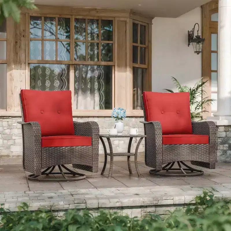 Fauteuils pivotants à bascule en résine tressée de patio ALAULM, 3 pièces, avec 1 table basse en rotin