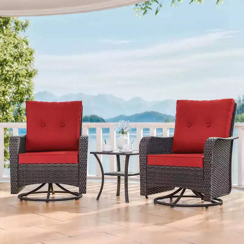 Fauteuils pivotants à bascule en résine tressée de patio ALAULM, 3 pièces, avec 1 table basse en rotin