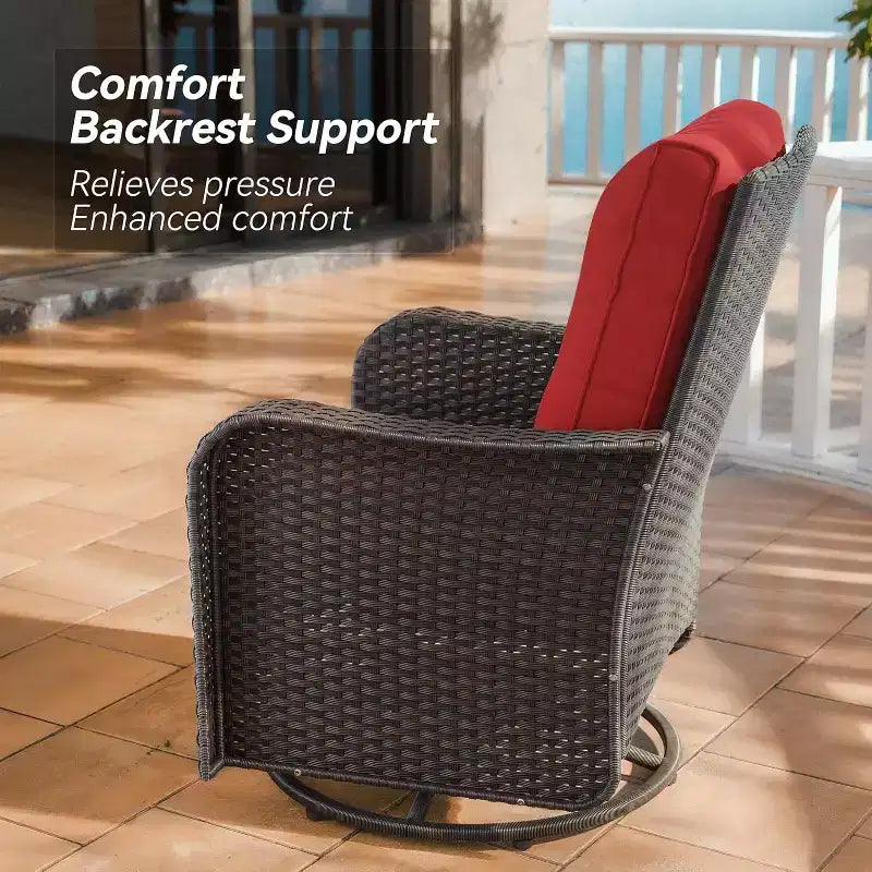 Fauteuils pivotants à bascule en résine tressée de patio ALAULM, 3 pièces, avec 1 table basse en rotin