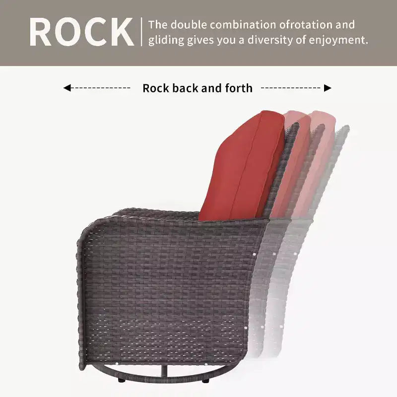 Fauteuils pivotants à bascule en résine tressée de patio ALAULM, 3 pièces, avec 1 table basse en rotin