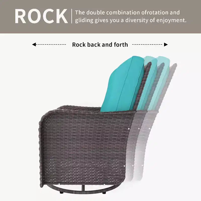 Fauteuils pivotants à bascule en résine tressée de patio ALAULM, 3 pièces, avec 1 table basse en rotin