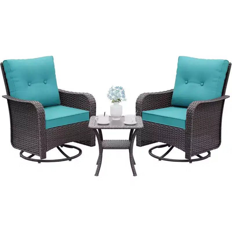 ALAULM 3 Pieces Patio Swivel Rocker Wicker Chairs-Outdoor Swivel Rocking Chairs with 1 Rattan Coffee Table