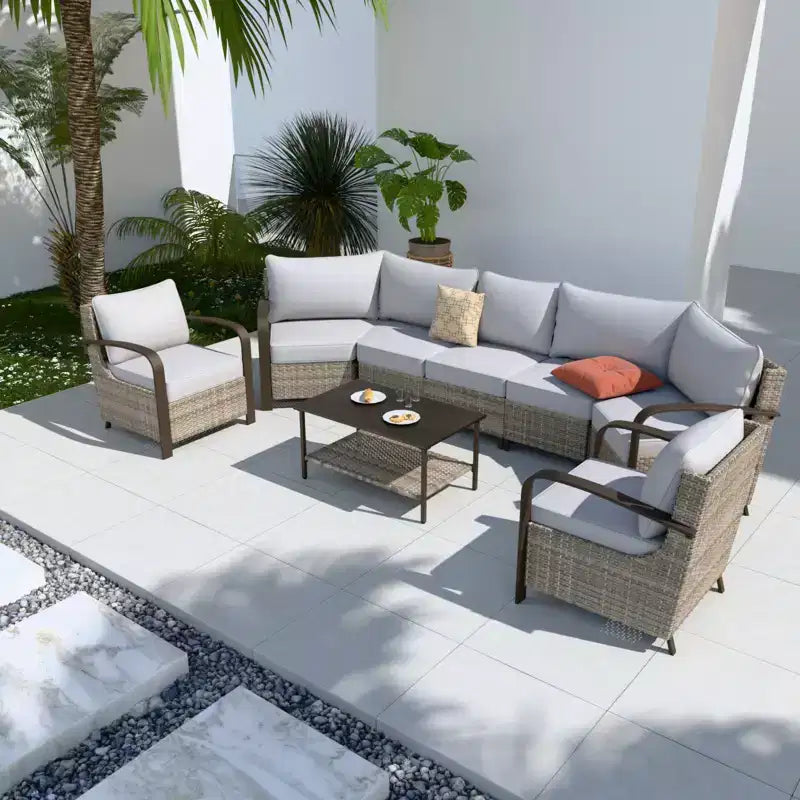 EAGLE PEAK Coastal Vista Outdoor Patio Furniture Set, Half-Moon Curved Wicker Patio Conversation Set with Coffee Table