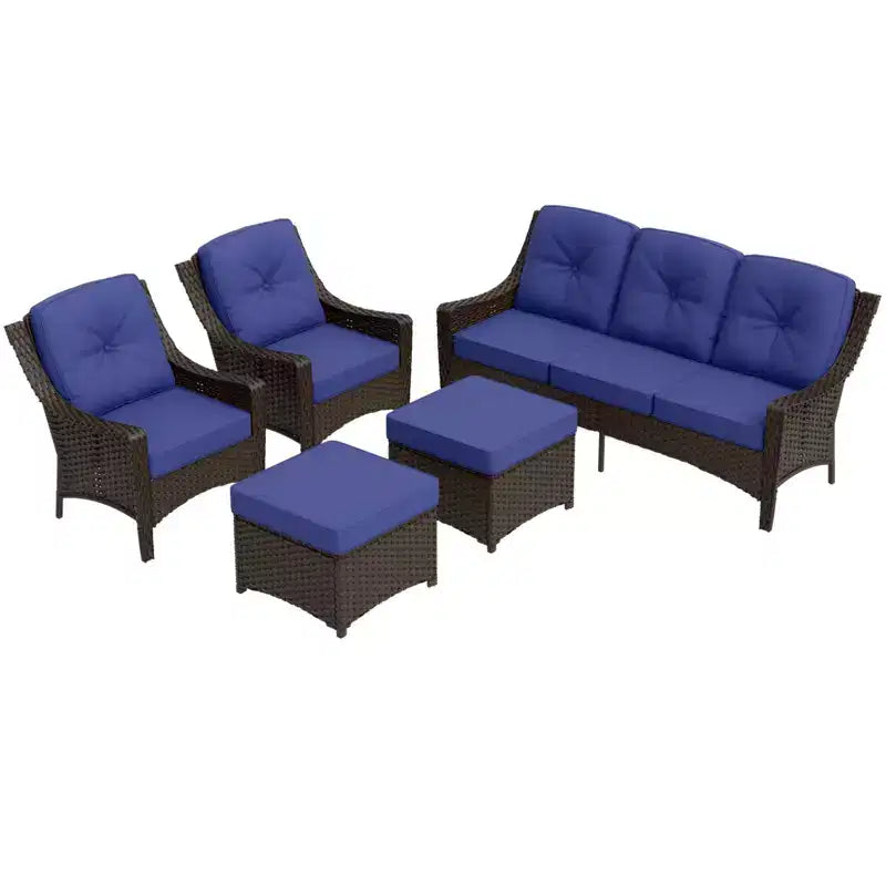 Ensemble de mobilier d’extérieur en résine tressée EAGLE PEAK Azure Bay, 5 pièces, avec canapé, fauteuils et poufs