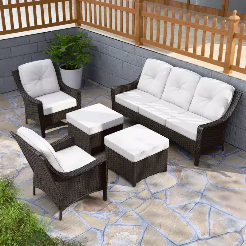 Ensemble de mobilier d’extérieur en résine tressée EAGLE PEAK Azure Bay, 5 pièces, avec canapé, fauteuils et poufs