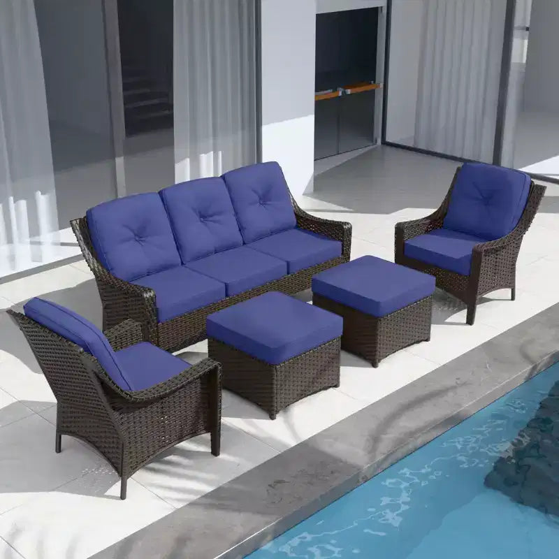 EAGLE PEAK Azure Bay 5 Pieces Wicker Outdoor Patio Furniture Set , Sofa and Chairs with Ottomans