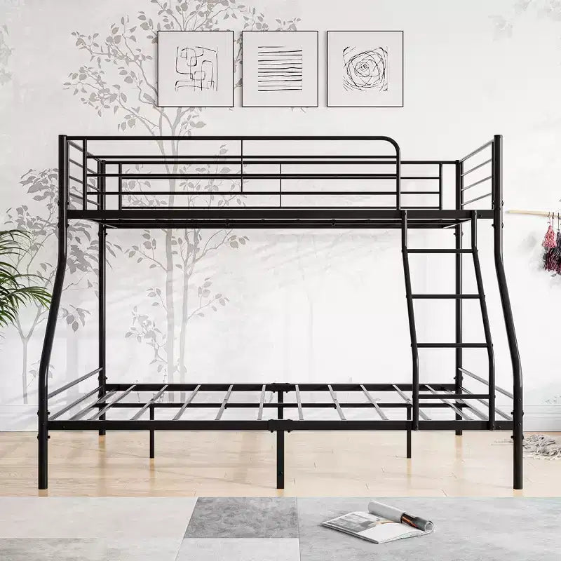 Twin-Over-Full Metal Bunk Bed with Guardrail and Inclined Ladder