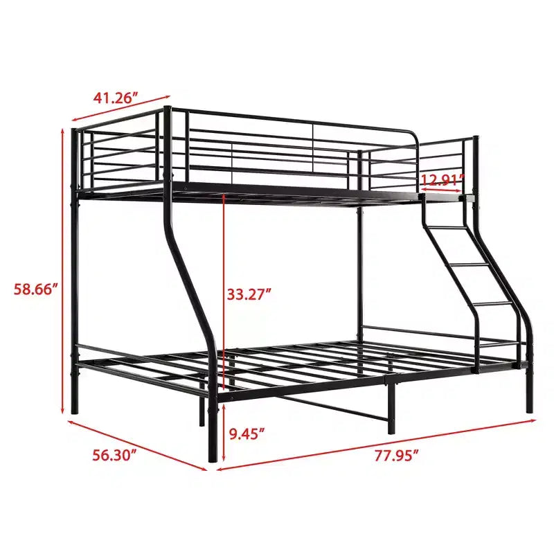 Twin-Over-Full Metal Bunk Bed with Guardrail and Inclined Ladder