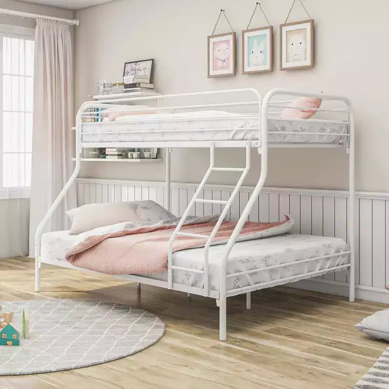 Twin-Over-Full Metal Bunk Bed with Guardrail and Inclined Ladder