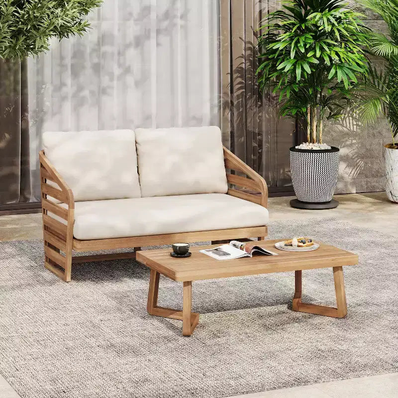 Christopher Knight Home Yantic Modern Outdoor Acacia Wood Loveseat and Coffee Table Chat Set with Water-Resistant Cushion