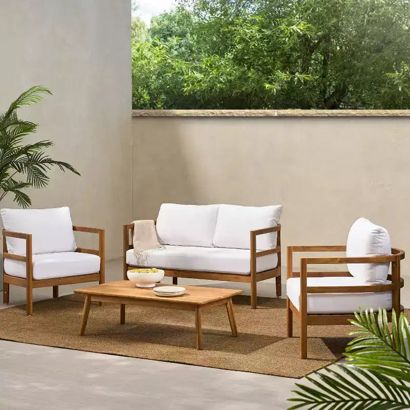 Christopher Knight Home Aggie Outdoor Acacia Wood 4 Seater Chat Set with Cushions, Teak/White