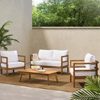 Christopher Knight Home Aggie Outdoor Acacia Wood 4 Seater Chat Set with Cushions, Teak/White