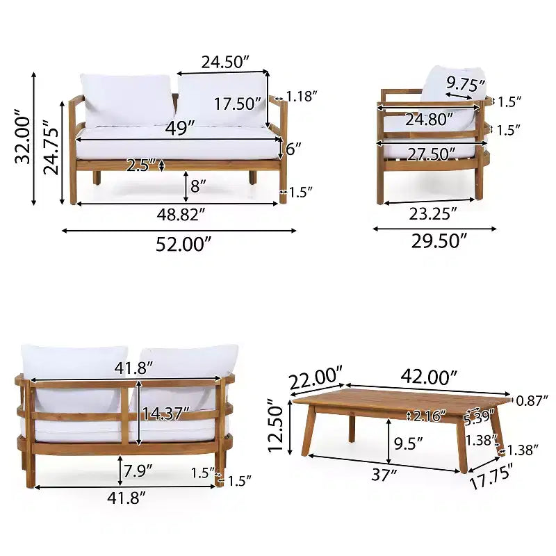 Christopher Knight Home Aggie kültéri akácfa, 4 személyes beszélgetőgarnitúra párnákkal, teak/fehér