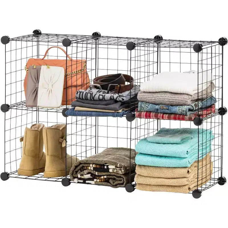 6-Cube Modular Wire Storage Organizer, Adjustable & Expandable Metal Shelving, Stackable Wire Grid, 60 lb Capacity, Black