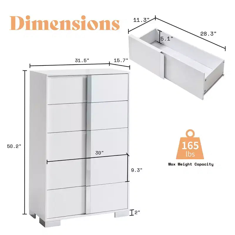 50.2" H 5-Drawer Dresser with Glossy Surface and Chrome Handles