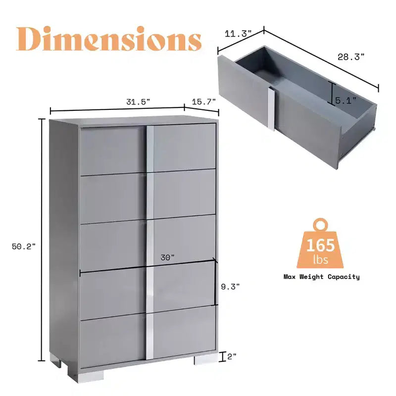 50.2" H 5-Drawer Dresser with Glossy Surface and Chrome Handles