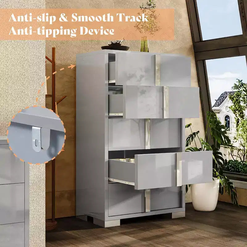 50.2" H 5-Drawer Dresser with Glossy Surface and Chrome Handles