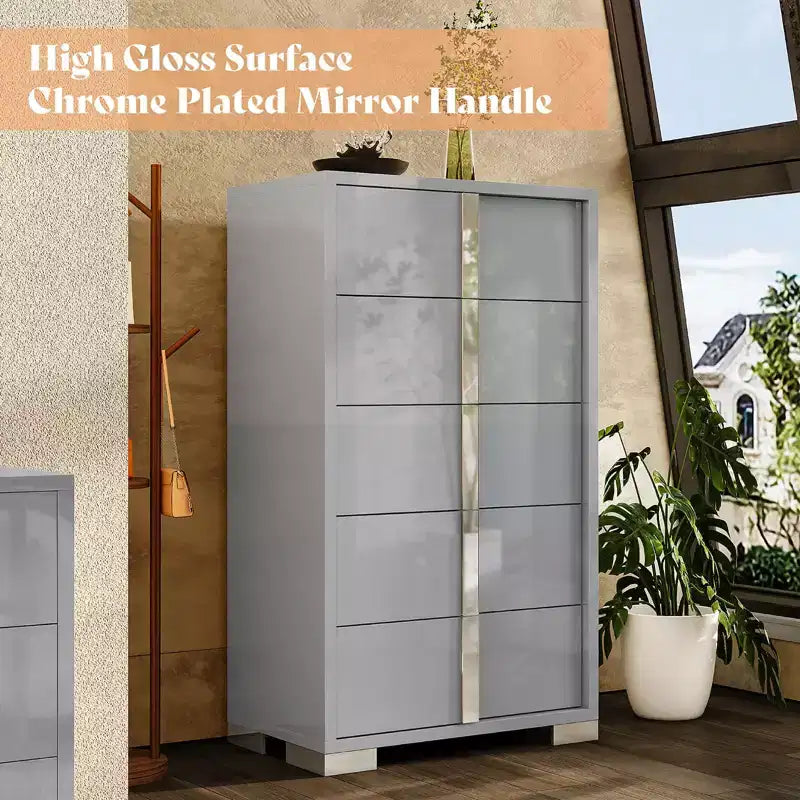 50.2" H 5-Drawer Dresser with Glossy Surface and Chrome Handles