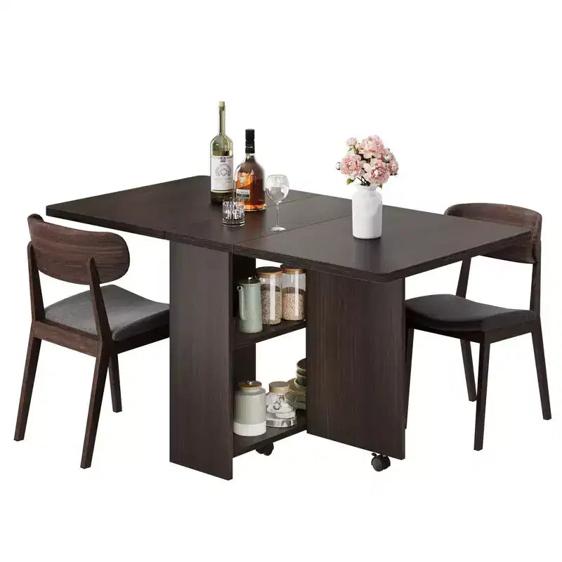 Foldable Drop-Leaf Dining Table with Storage Shelves and Wheels