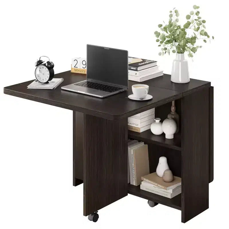 Foldable Drop-Leaf Dining Table with Storage Shelves and Wheels