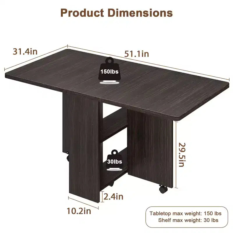 Foldable Drop-Leaf Dining Table with Storage Shelves and Wheels