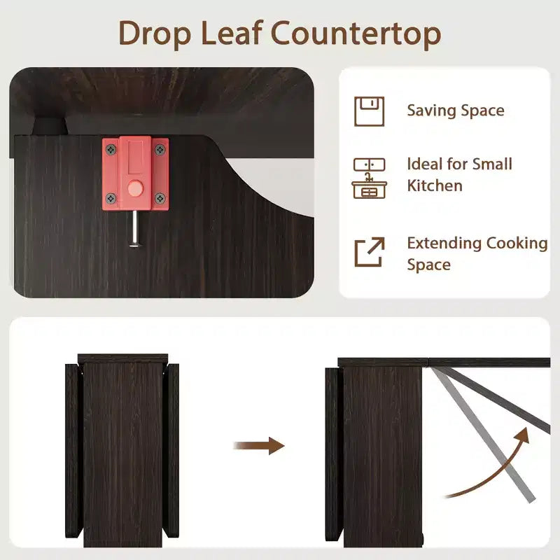 Foldable Drop-Leaf Dining Table with Storage Shelves and Wheels