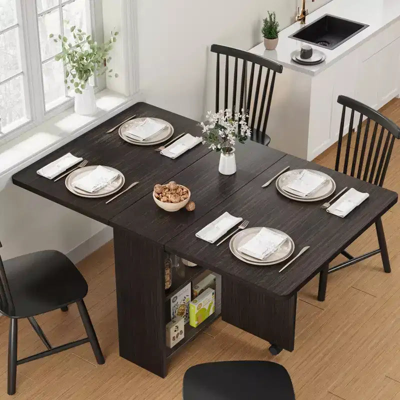 Foldable Drop-Leaf Dining Table with Storage Shelves and Wheels