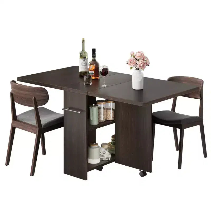 Foldable Drop-Leaf Dining Table with Storage Shelves and Wheels