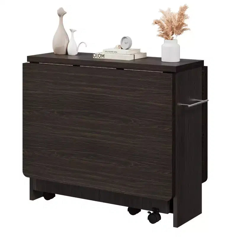 Foldable Drop-Leaf Dining Table with Storage Shelves and Wheels