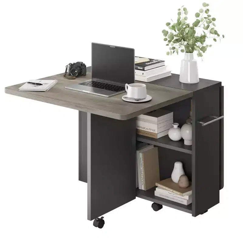 Foldable Drop-Leaf Dining Table with Storage Shelves and Wheels