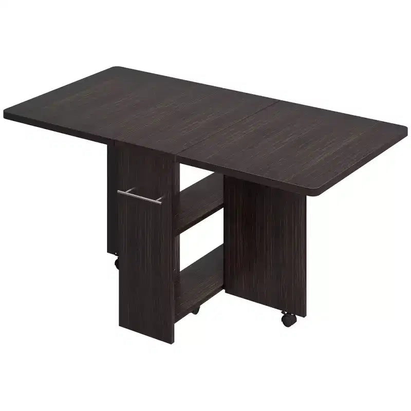 Foldable Drop-Leaf Dining Table with Storage Shelves and Wheels