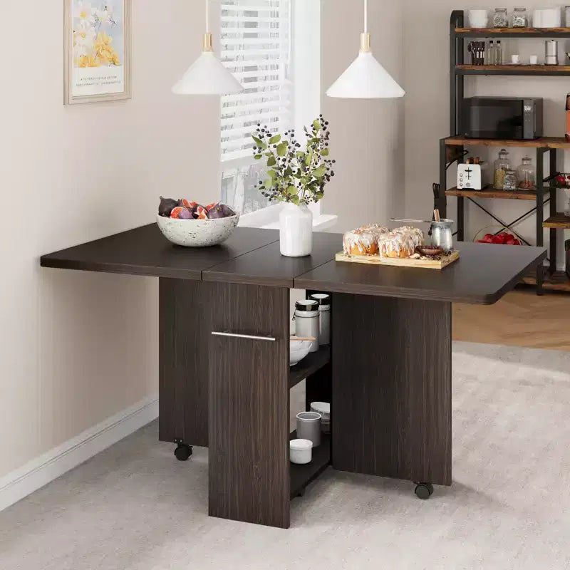 Foldable Drop-Leaf Dining Table with Storage Shelves and Wheels