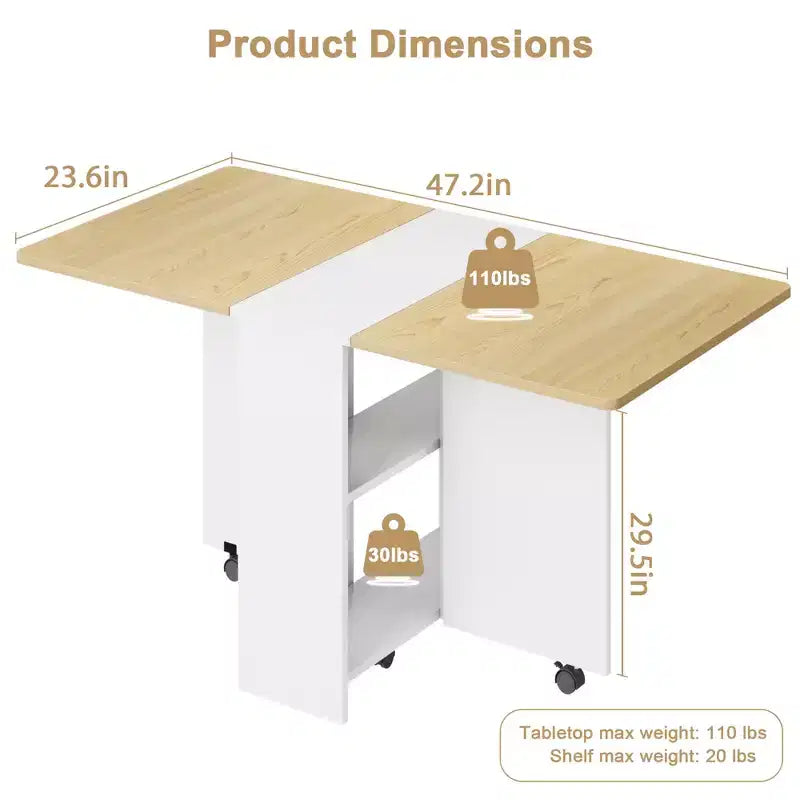 Foldable Drop-Leaf Dining Table with Storage Shelves and Wheels