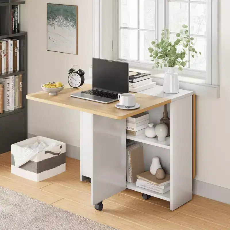 Foldable Drop-Leaf Dining Table with Storage Shelves and Wheels