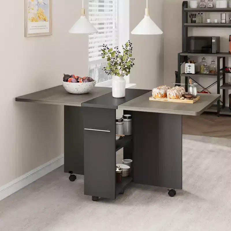 Foldable Drop-Leaf Dining Table with Storage Shelves and Wheels