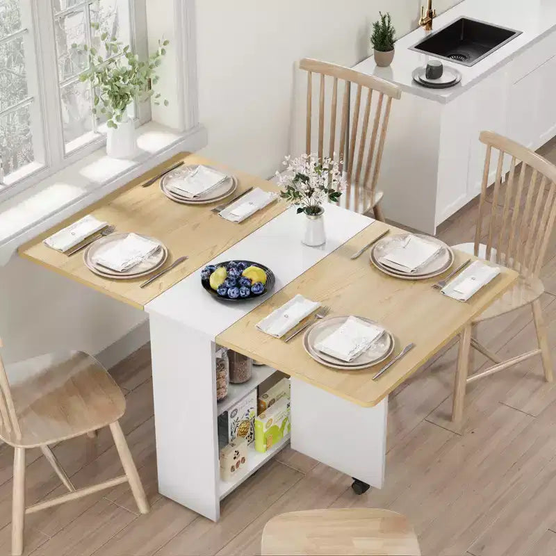 Foldable Drop-Leaf Dining Table with Storage Shelves and Wheels