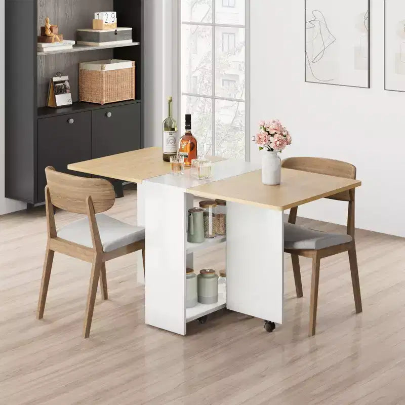 Foldable Drop-Leaf Dining Table with Storage Shelves and Wheels