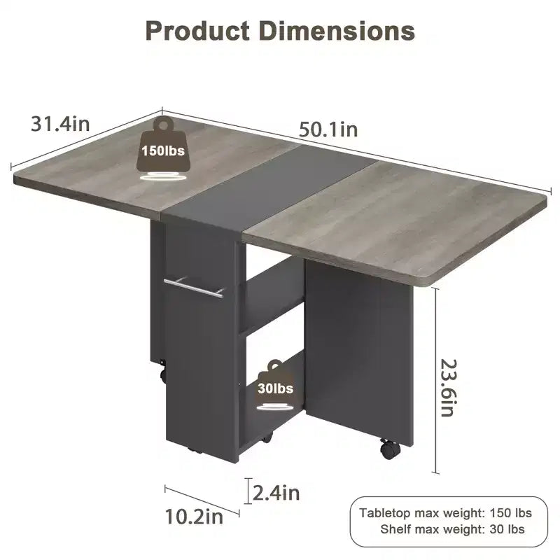 Foldable Drop-Leaf Dining Table with Storage Shelves and Wheels