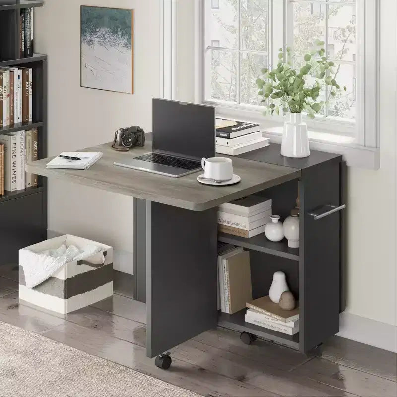 Foldable Drop-Leaf Dining Table with Storage Shelves and Wheels