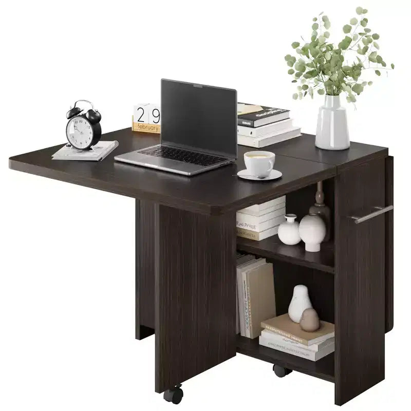 Foldable Drop-Leaf Dining Table with Storage Shelves and Wheels